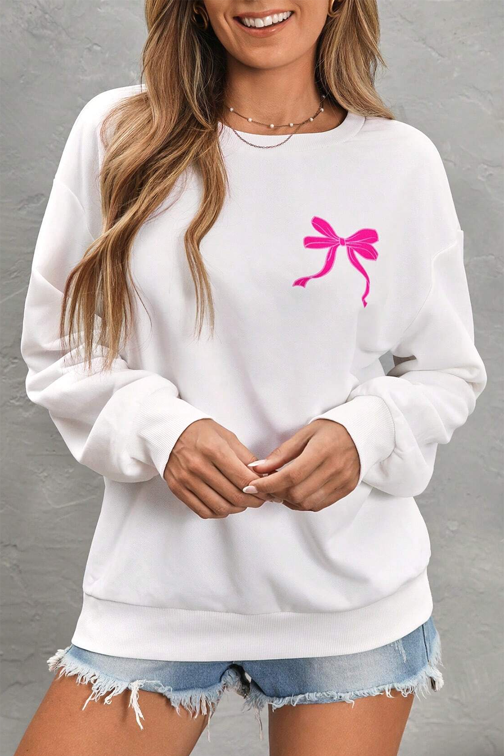 White Bow Graphic Casual Crewneck Sweatshirt - Graphic Sweatshirts