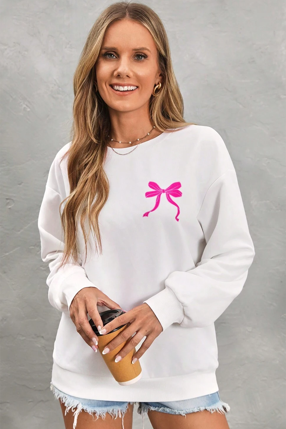 White Bow Graphic Casual Crewneck Sweatshirt - Graphic Sweatshirts