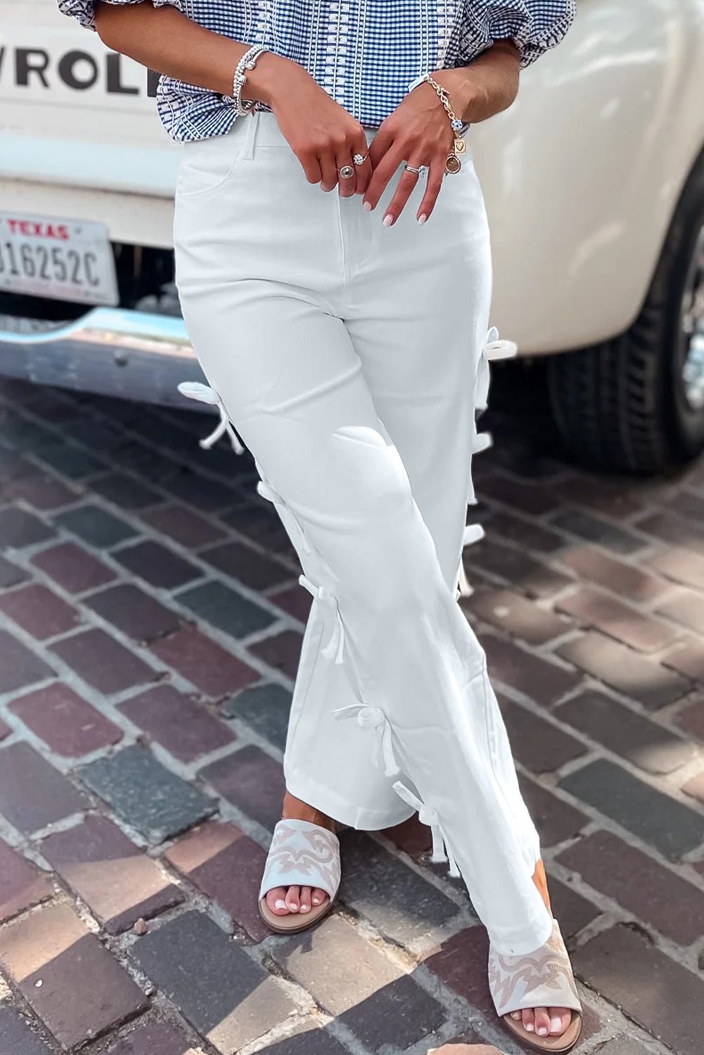 White Bowknot Side Detail Straight Leg Loose Jeans - MAD RUFFI