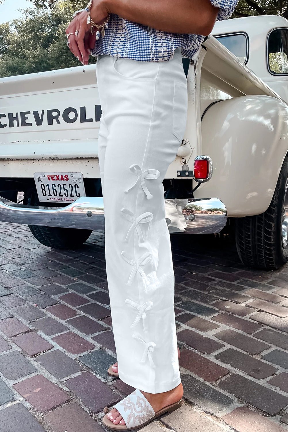 White Bowknot Side Detail Straight Leg Loose Jeans - MAD RUFFI