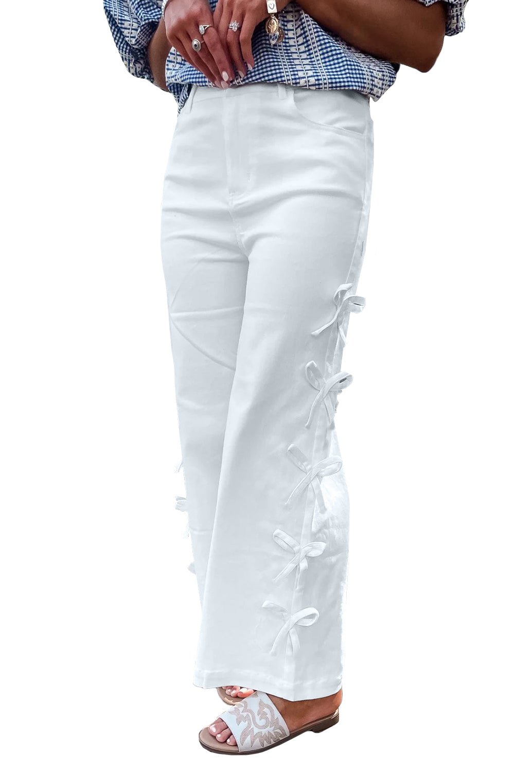 White Bowknot Side Detail Straight Leg Loose Jeans - MAD RUFFI
