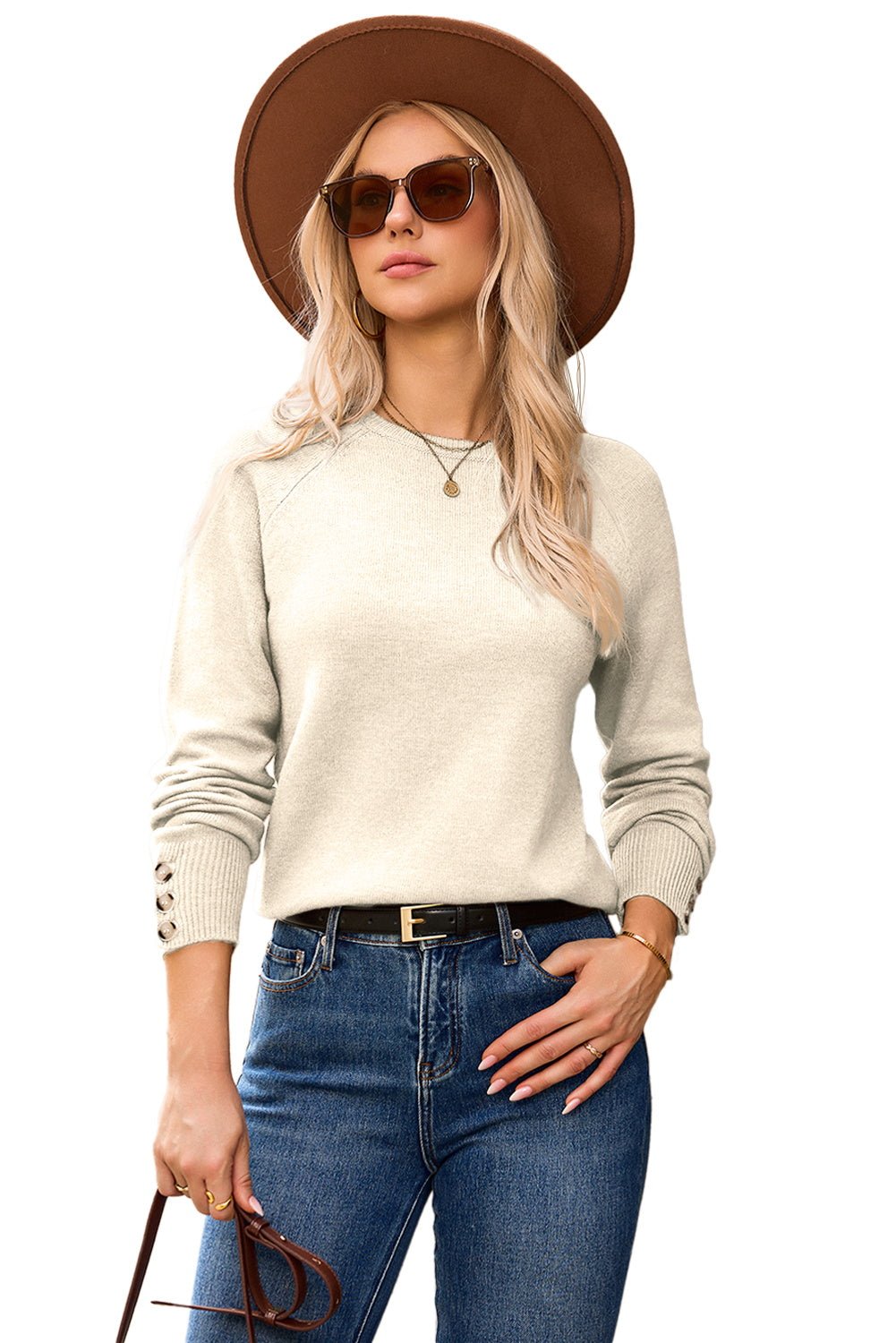 White Buttoned Cuffs Raglan Sleeve Knit Sweater - MAD RUFFI