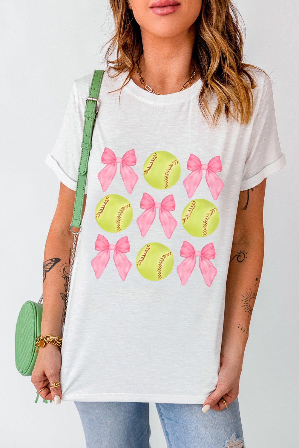 White Casual Bow Tie Baseball Graphic Round Neck Tee - MAD RUFFI
