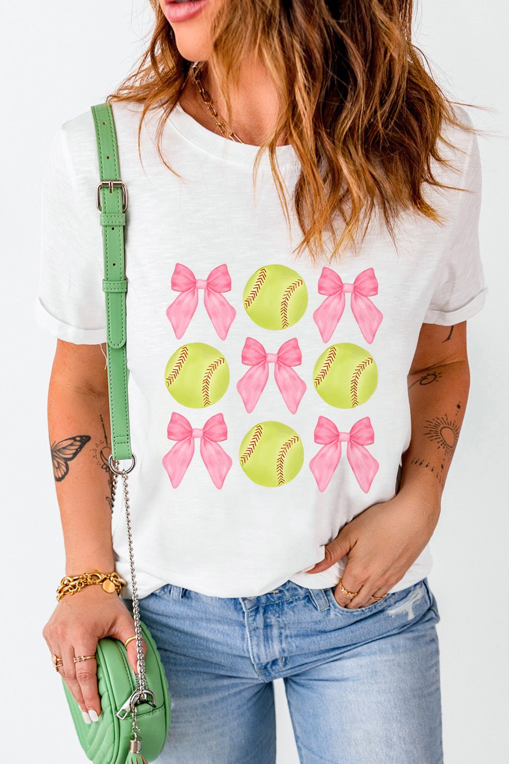 White Casual Bow Tie Baseball Graphic Round Neck Tee - MAD RUFFI