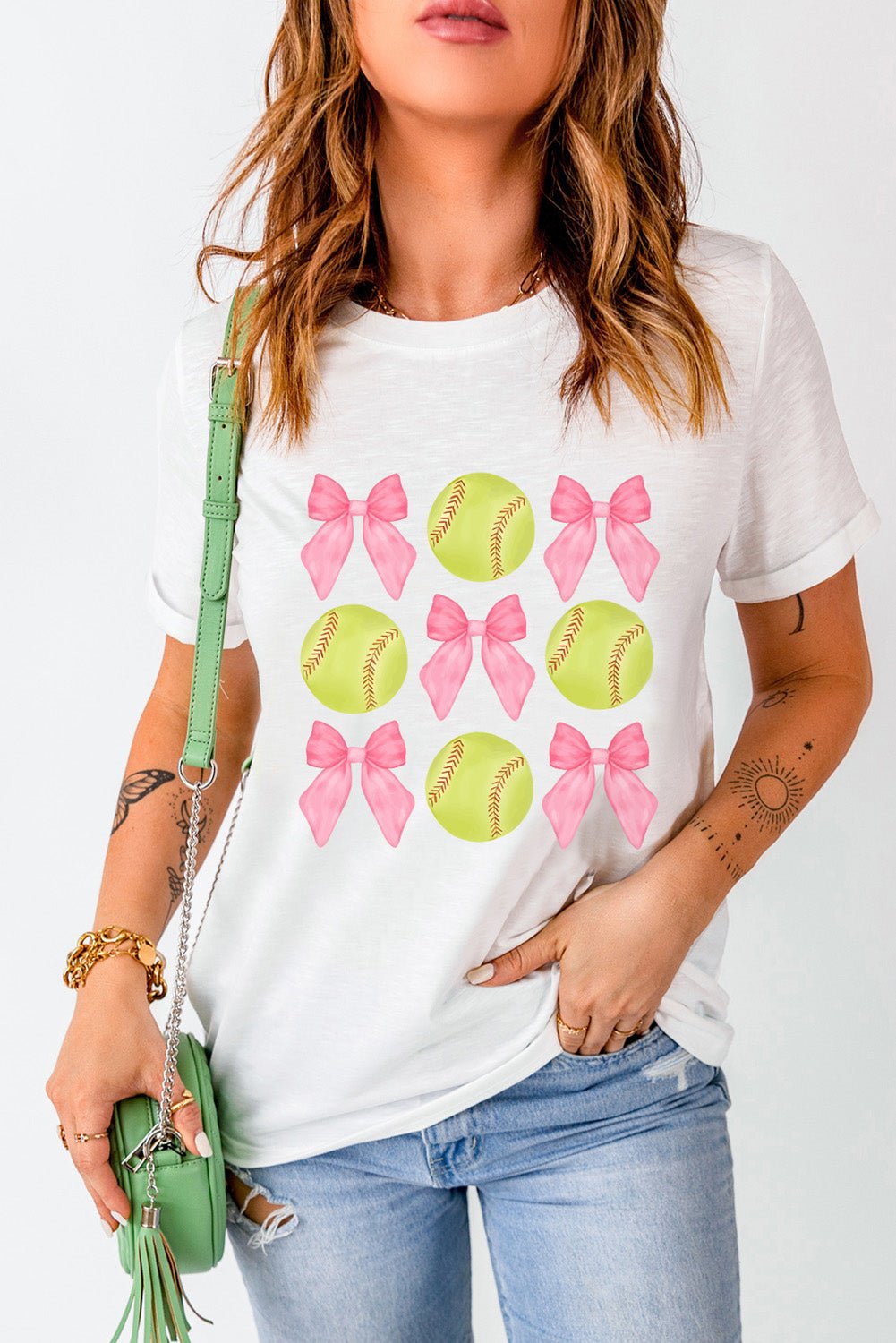 White Casual Bow Tie Baseball Graphic Round Neck Tee - MAD RUFFI
