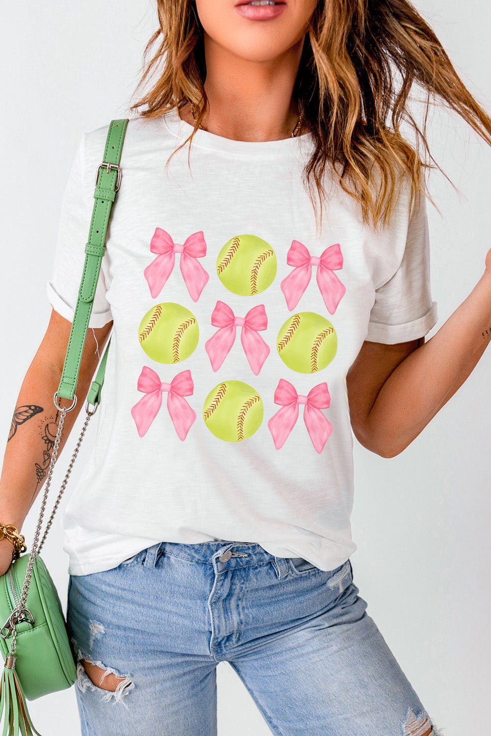 White Casual Bow Tie Baseball Graphic Round Neck Tee - MAD RUFFI