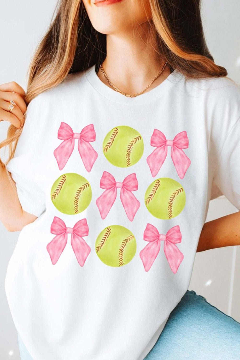 White Casual Bow Tie Baseball Graphic Round Neck Tee - MAD RUFFI