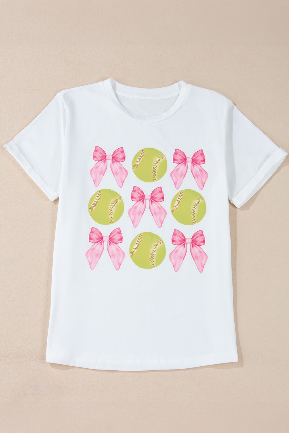 White Casual Bow Tie Baseball Graphic Round Neck Tee - MAD RUFFI