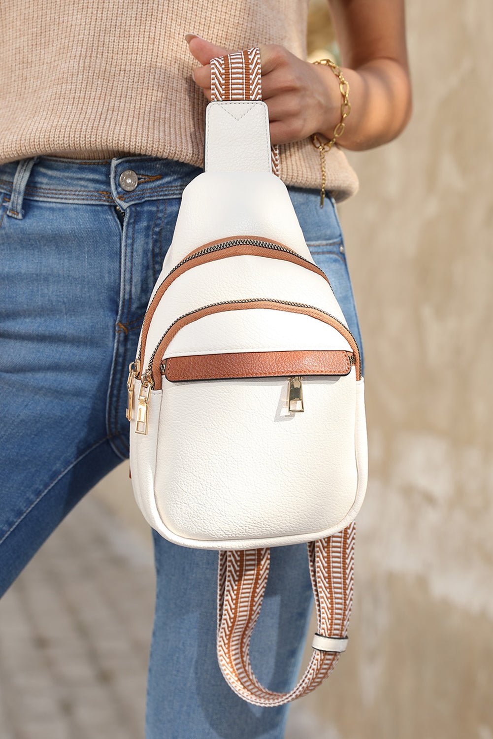 White Casual Multi Zipped Street Sling Bag - MAD RUFFI