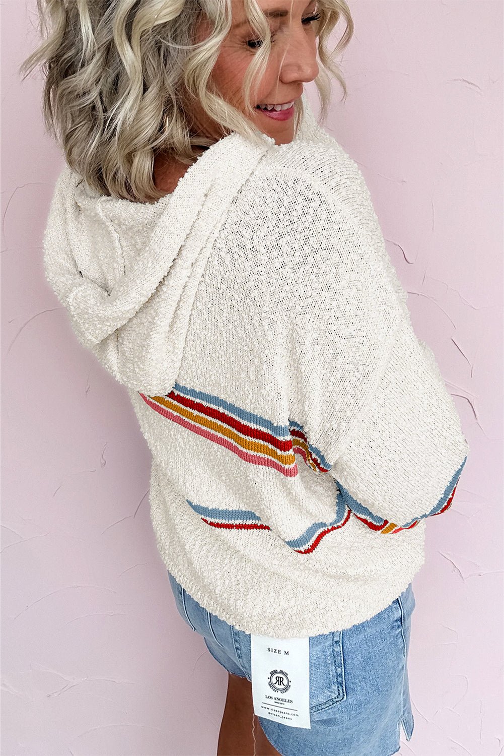 White Casual Striped Drop Sleeve Hooded Sweater - MAD RUFFI