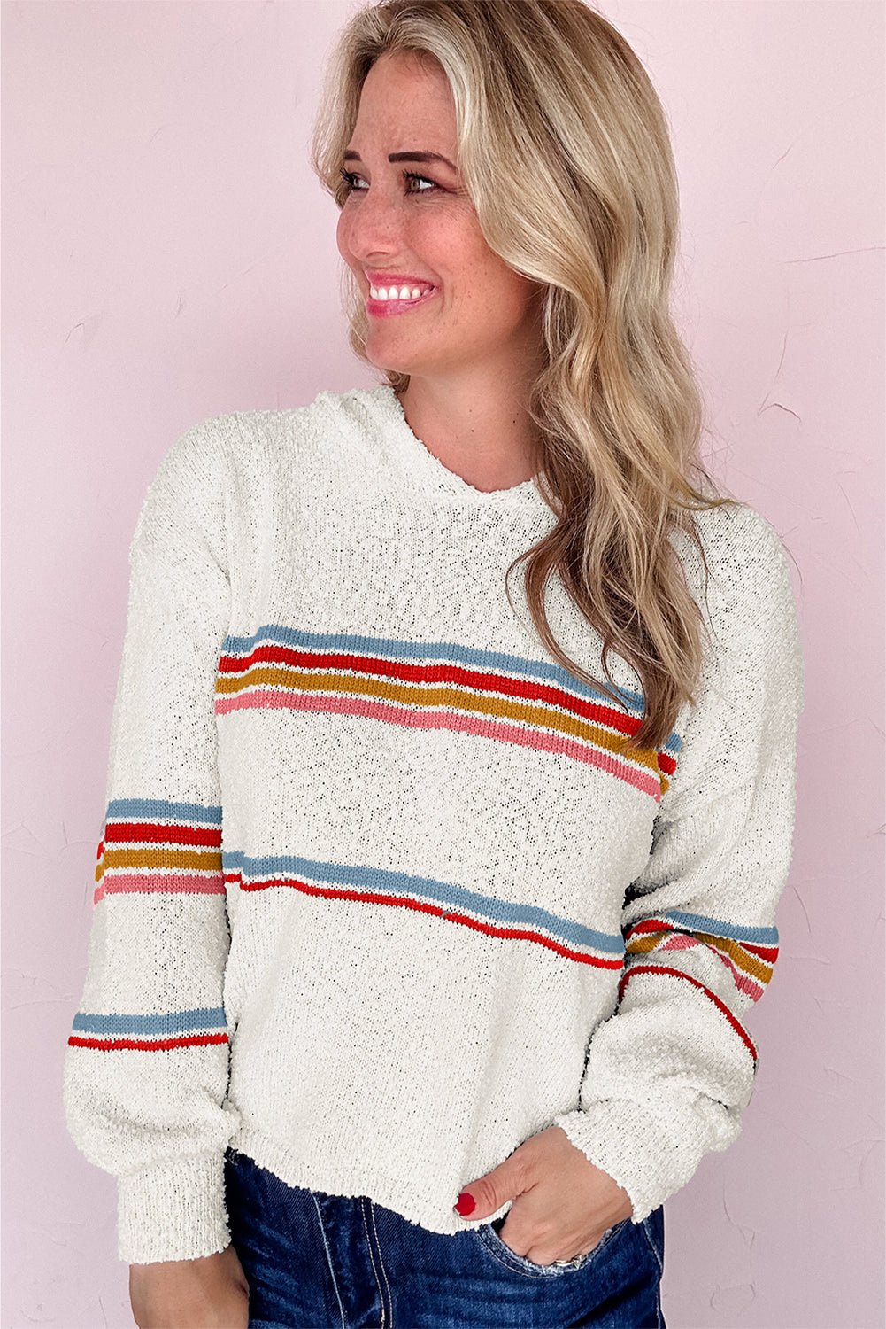 White Casual Striped Drop Sleeve Hooded Sweater - MAD RUFFI