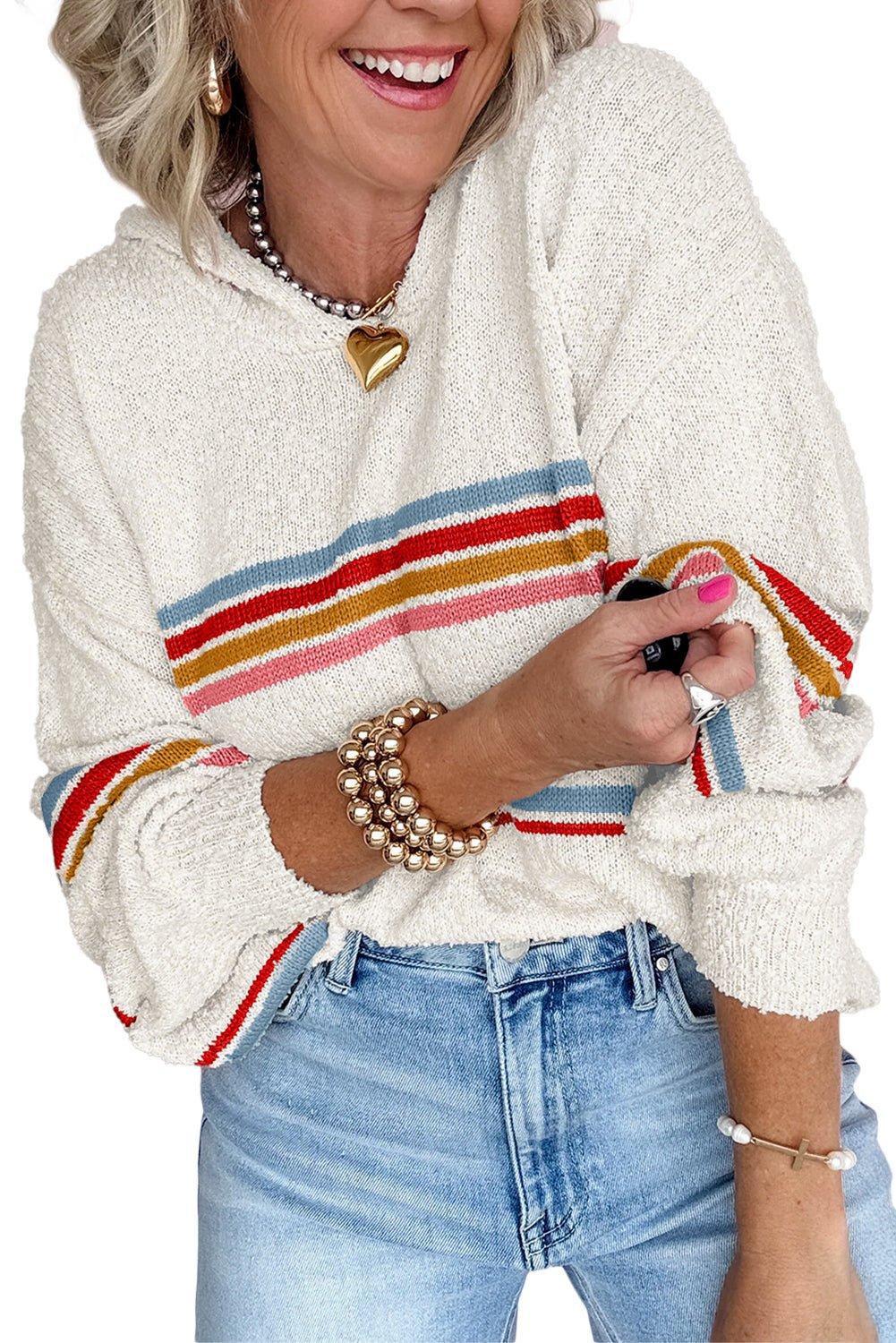 White Casual Striped Drop Sleeve Hooded Sweater - MAD RUFFI