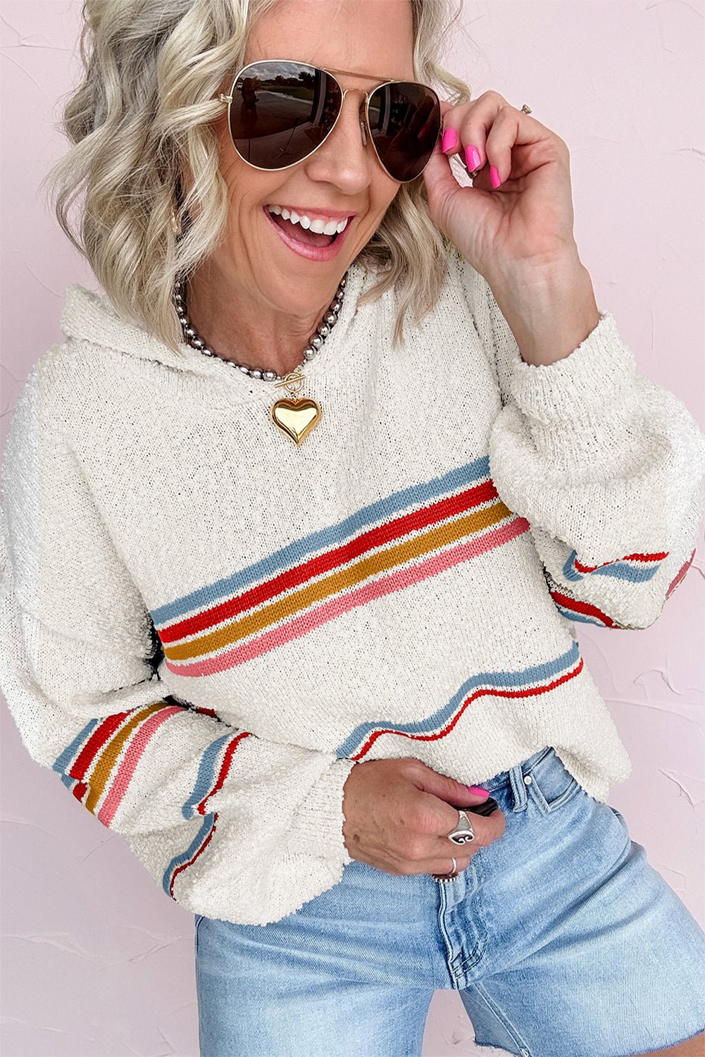 White Casual Striped Drop Sleeve Hooded Sweater - MAD RUFFI