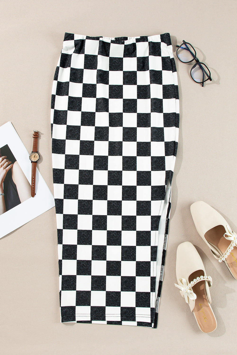 White Checkered Print Side Slit Slim Fit Midi Skirt - MAD RUFFI