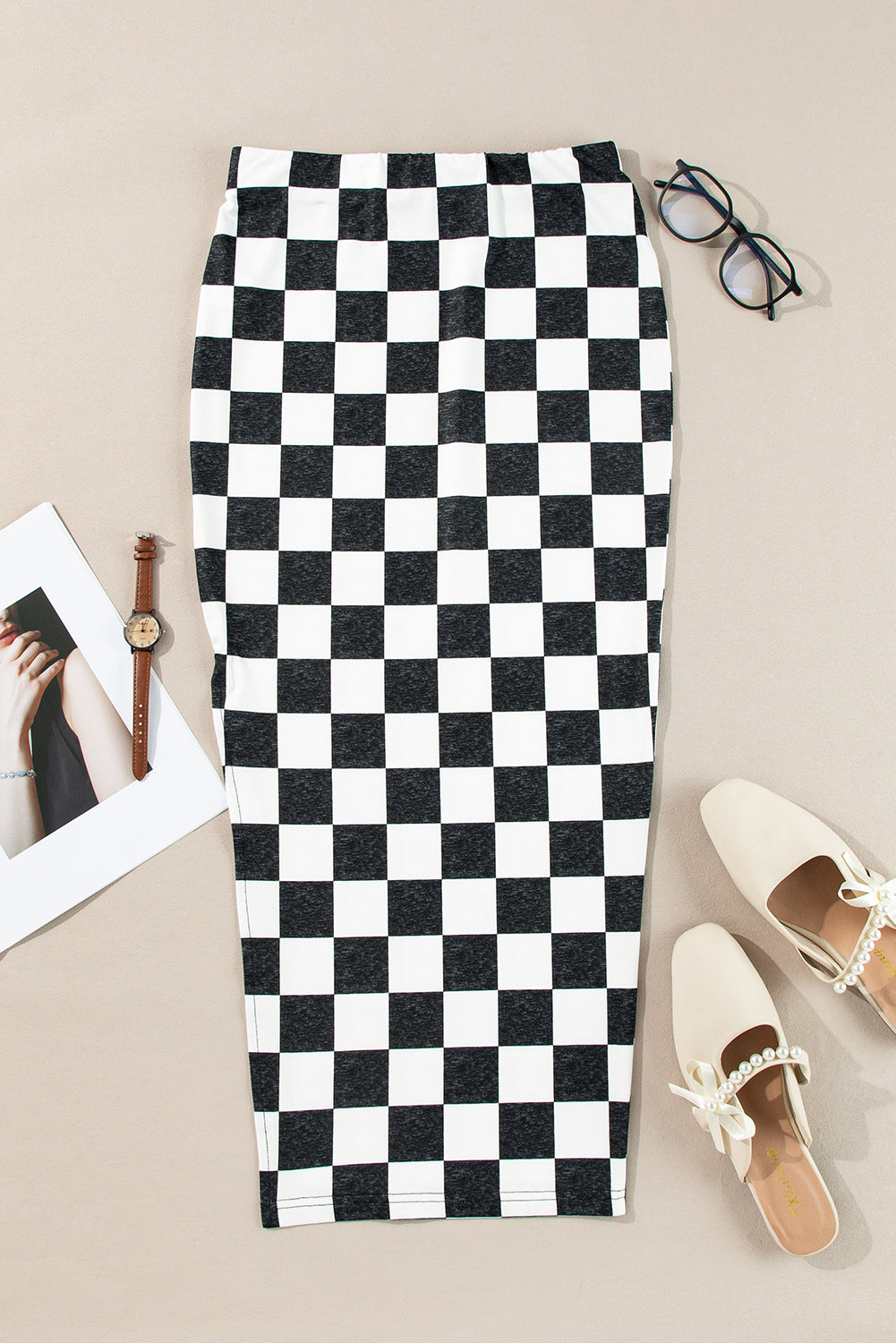 White Checkered Print Side Slit Slim Fit Midi Skirt - MAD RUFFI