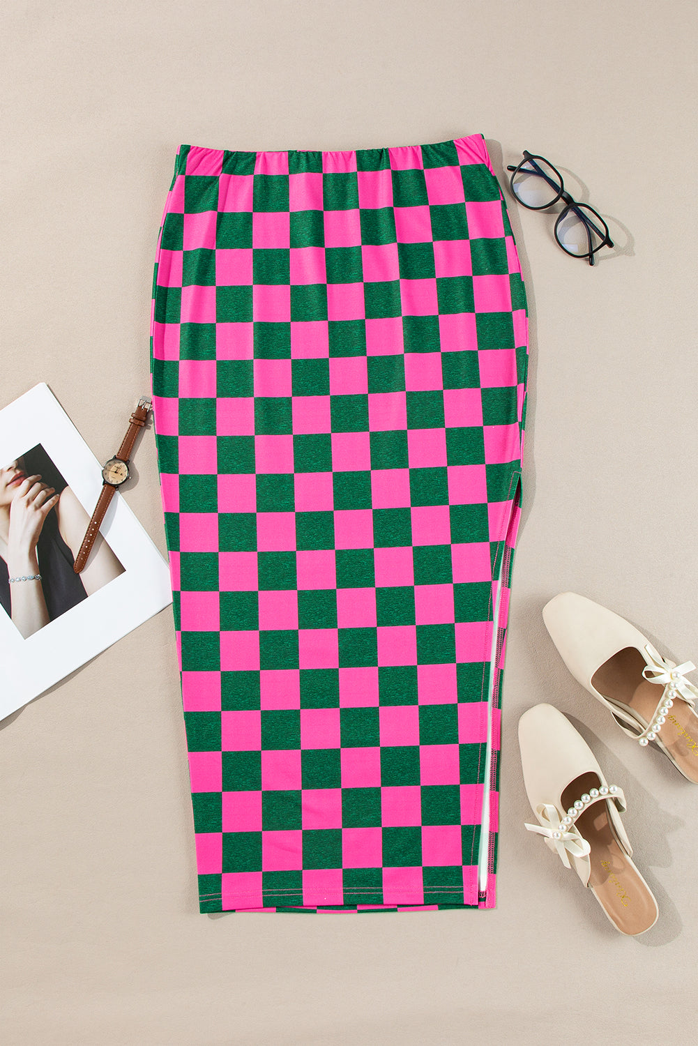 White Checkered Print Side Slit Slim Fit Midi Skirt - MAD RUFFI