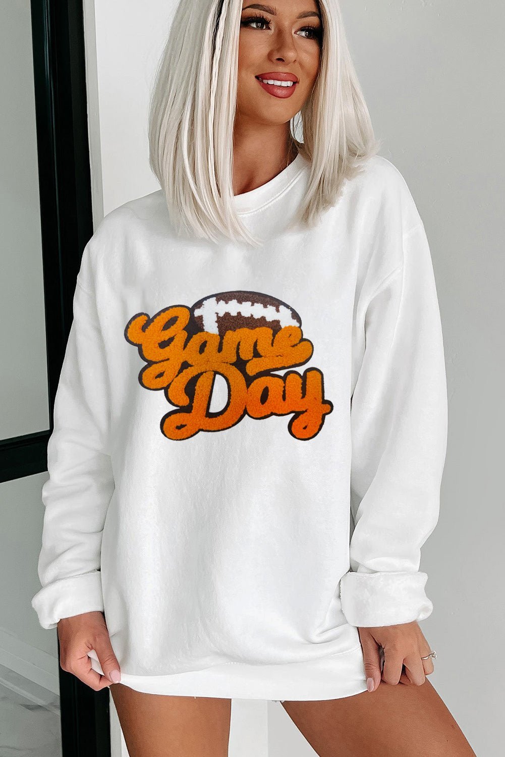 White Chenille Game Day Rugby Football Pattern Pullover Sweatshirt - MAD RUFFI