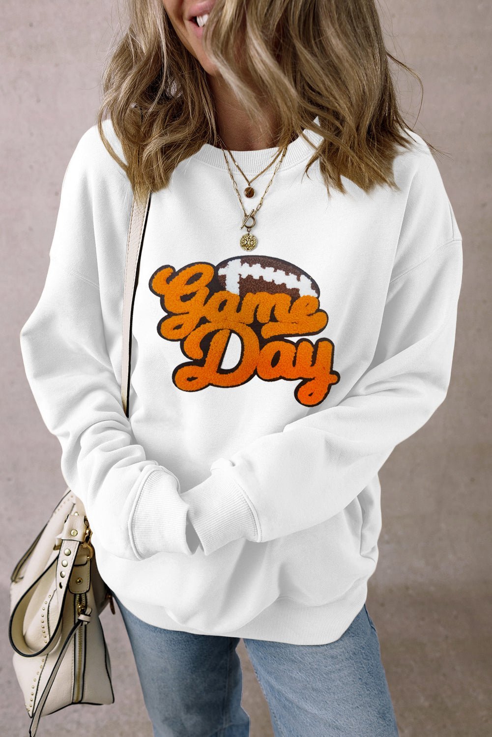 White Chenille Game Day Rugby Football Pattern Pullover Sweatshirt - MAD RUFFI