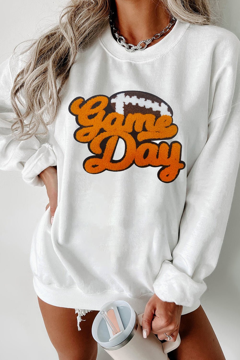 White Chenille Game Day Rugby Football Pattern Pullover Sweatshirt - MAD RUFFI