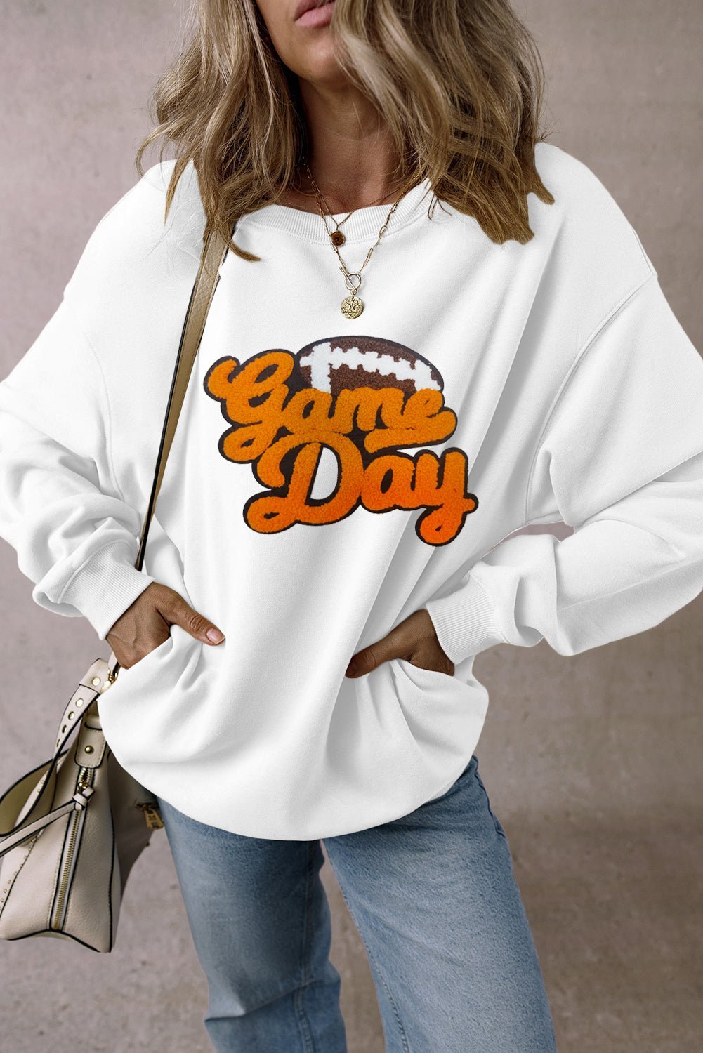 White Chenille Game Day Rugby Football Pattern Pullover Sweatshirt - MAD RUFFI