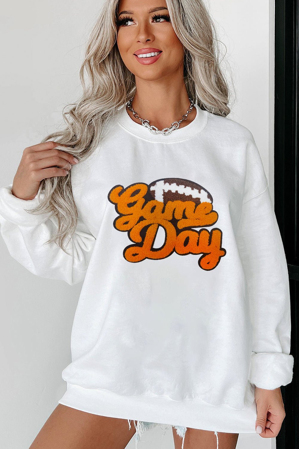 White Chenille Game Day Rugby Football Pattern Pullover Sweatshirt - MAD RUFFI