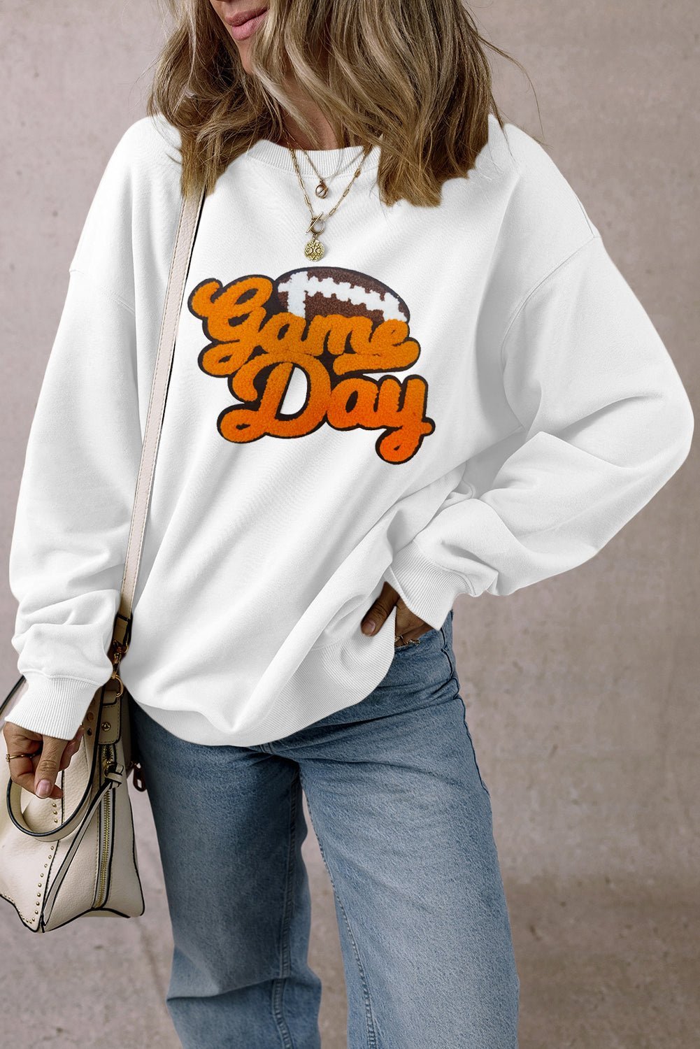 White Chenille Game Day Rugby Football Pattern Pullover Sweatshirt - MAD RUFFI