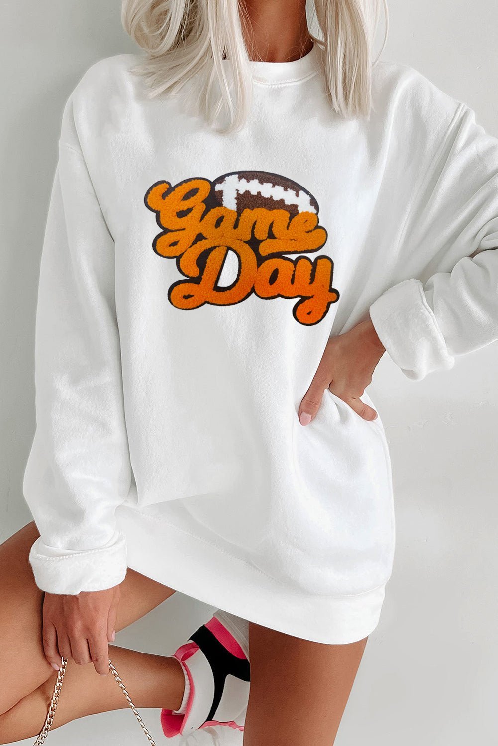 White Chenille Game Day Rugby Football Pattern Pullover Sweatshirt - MAD RUFFI
