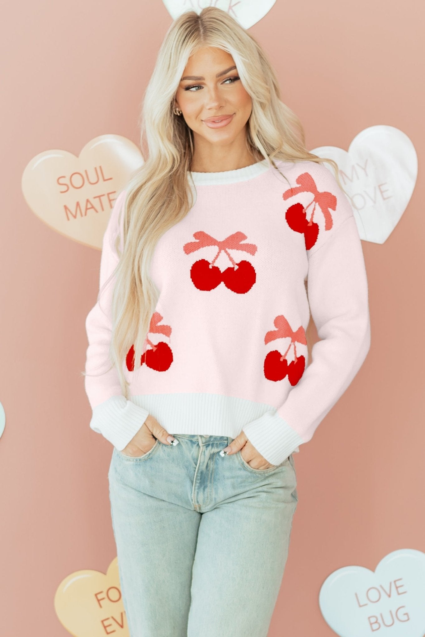White Cherry Pattern Drop Shoulder Sweater - MAD RUFFI