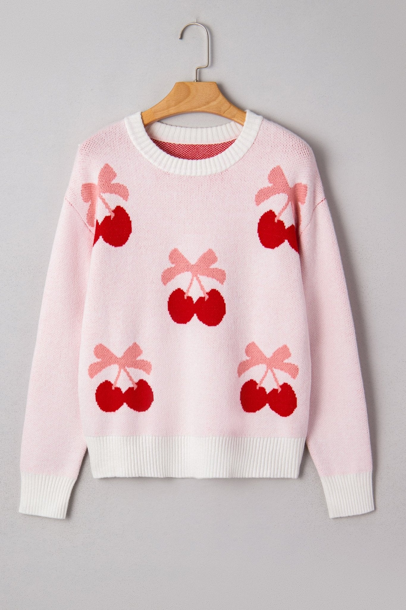 White Cherry Pattern Drop Shoulder Sweater - MAD RUFFI