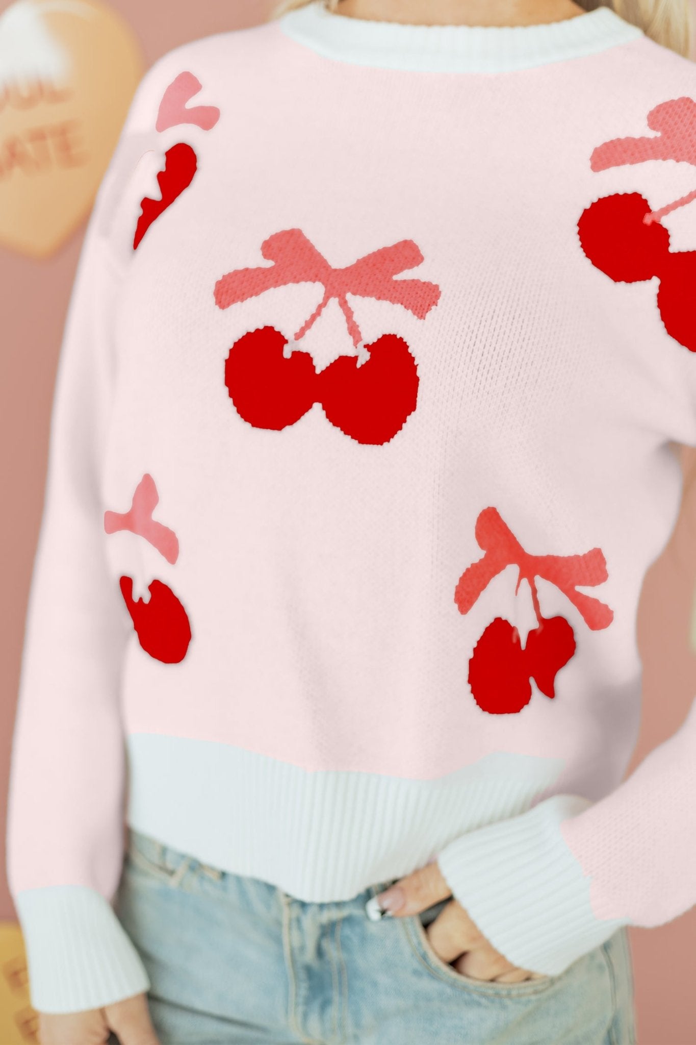 White Cherry Pattern Drop Shoulder Sweater - MAD RUFFI