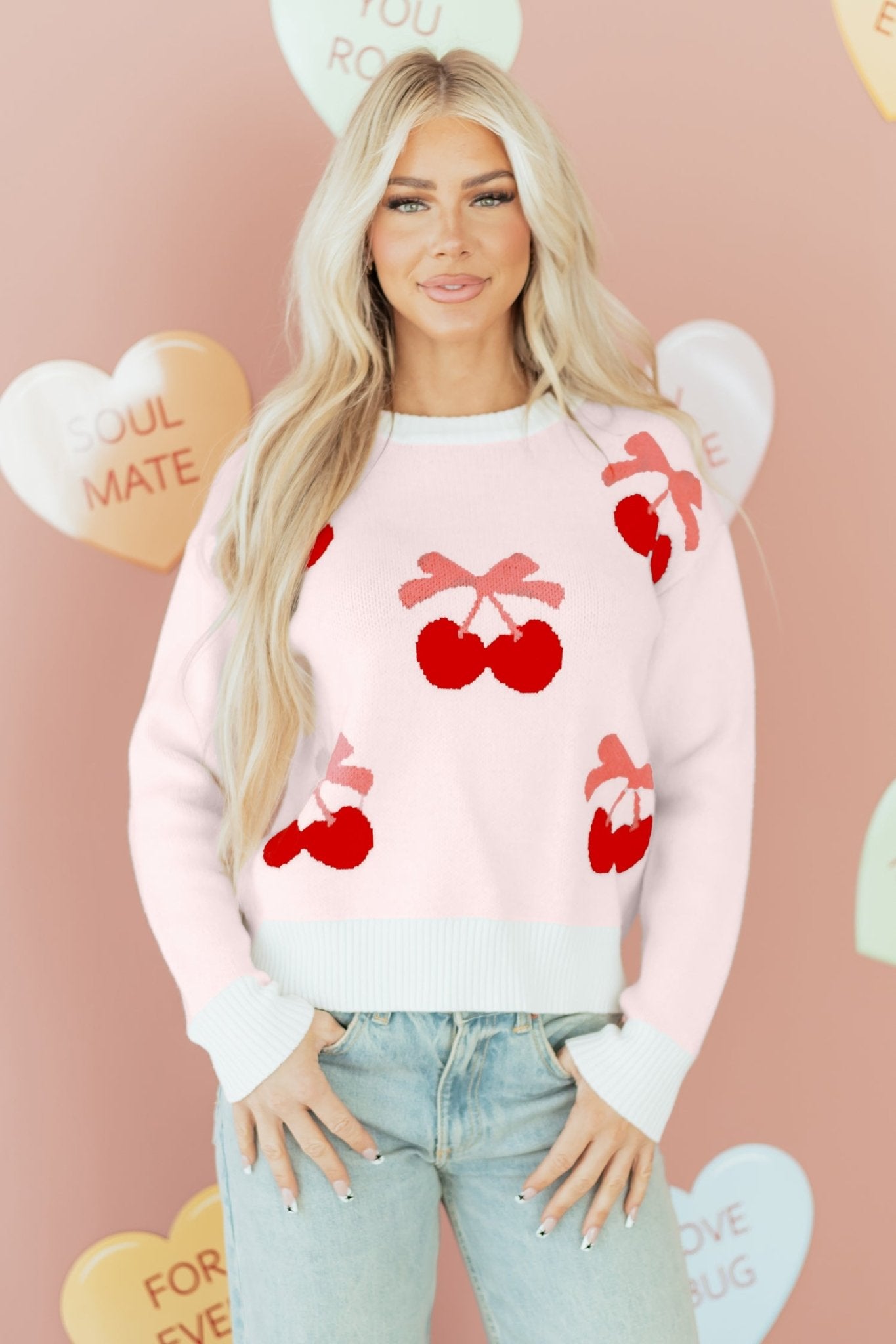 White Cherry Pattern Drop Shoulder Sweater - MAD RUFFI