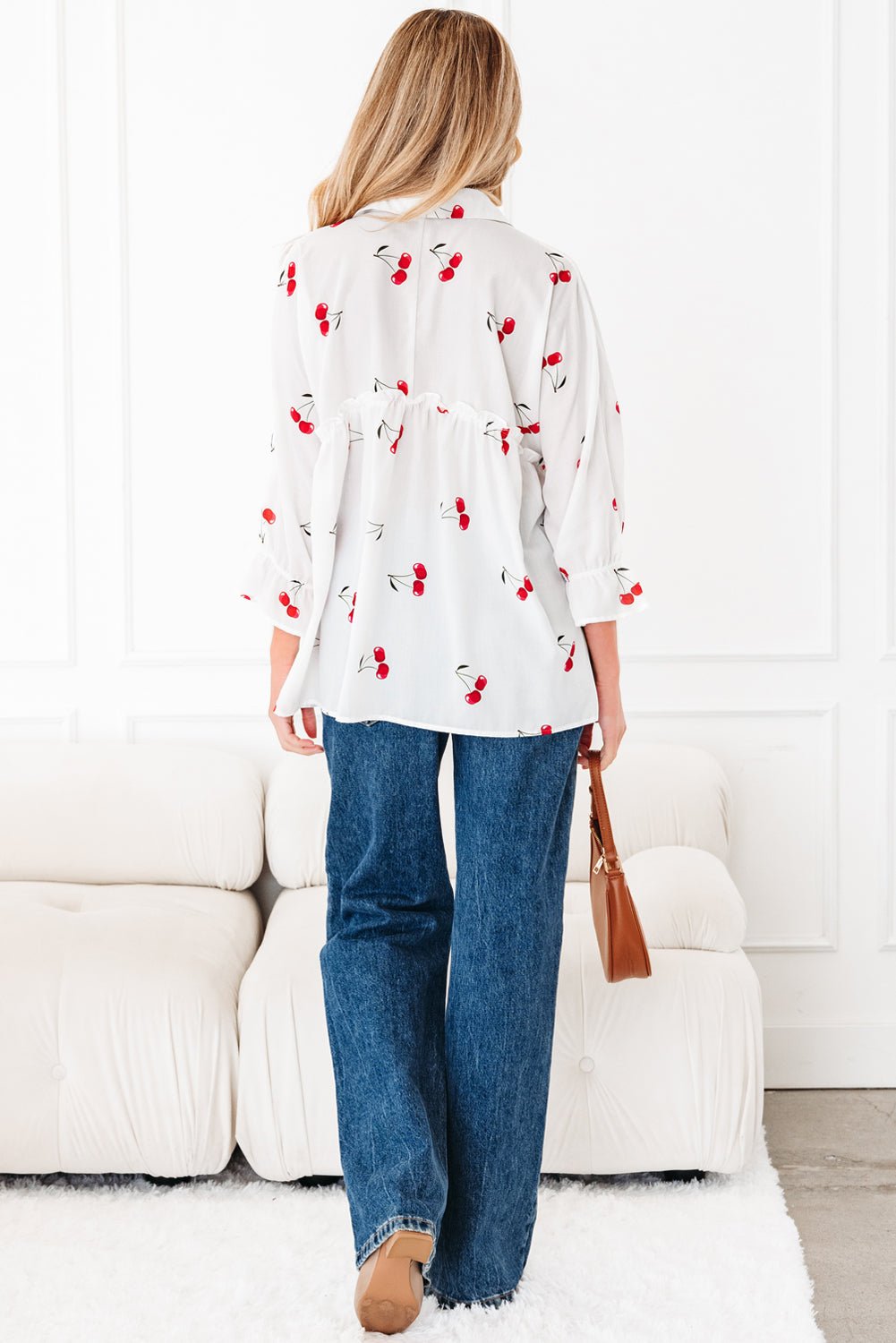 White Cherry Print Flounce Sleeve Collared Frilled Babydoll Blouse - MAD RUFFI
