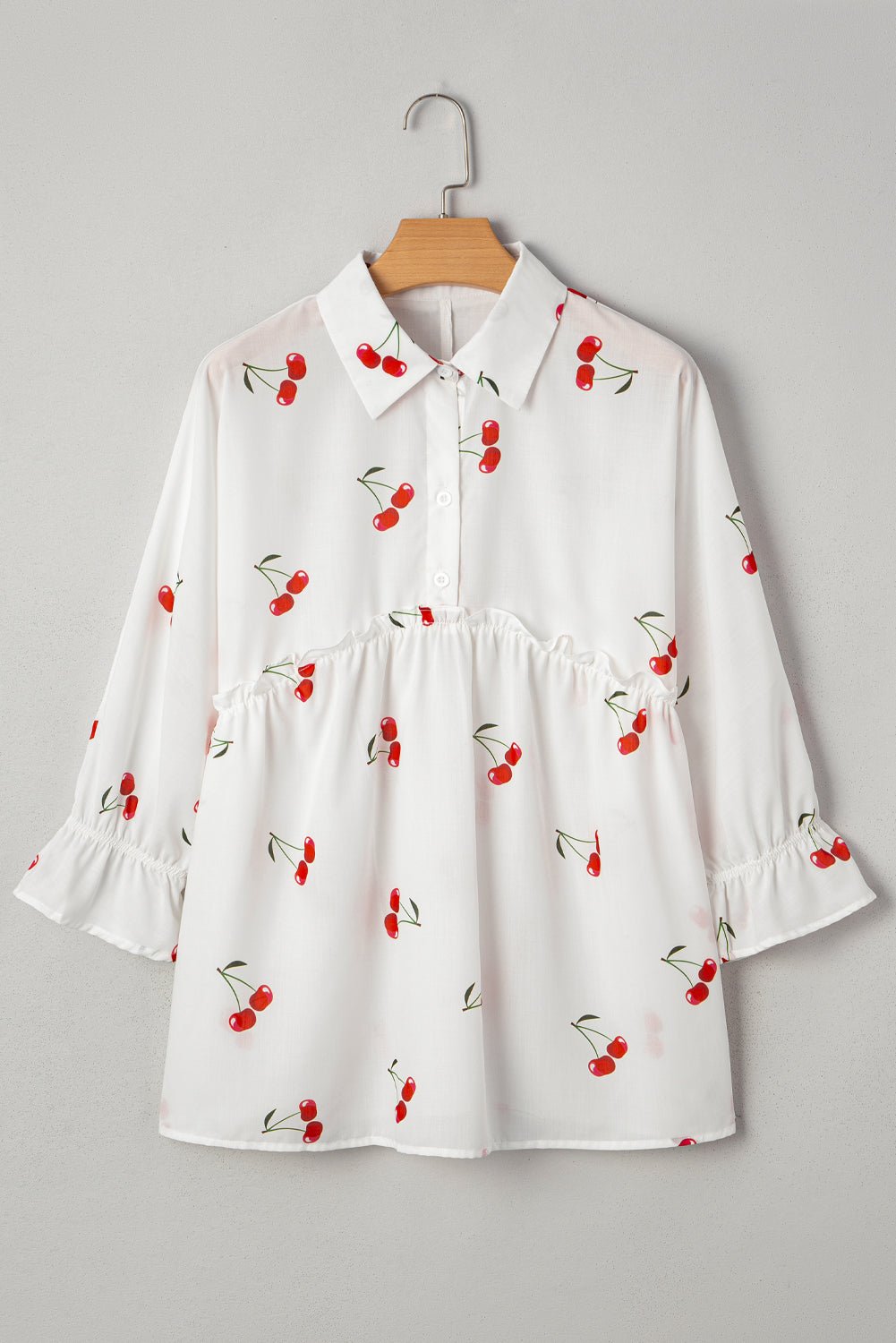 White Cherry Print Flounce Sleeve Collared Frilled Babydoll Blouse - MAD RUFFI