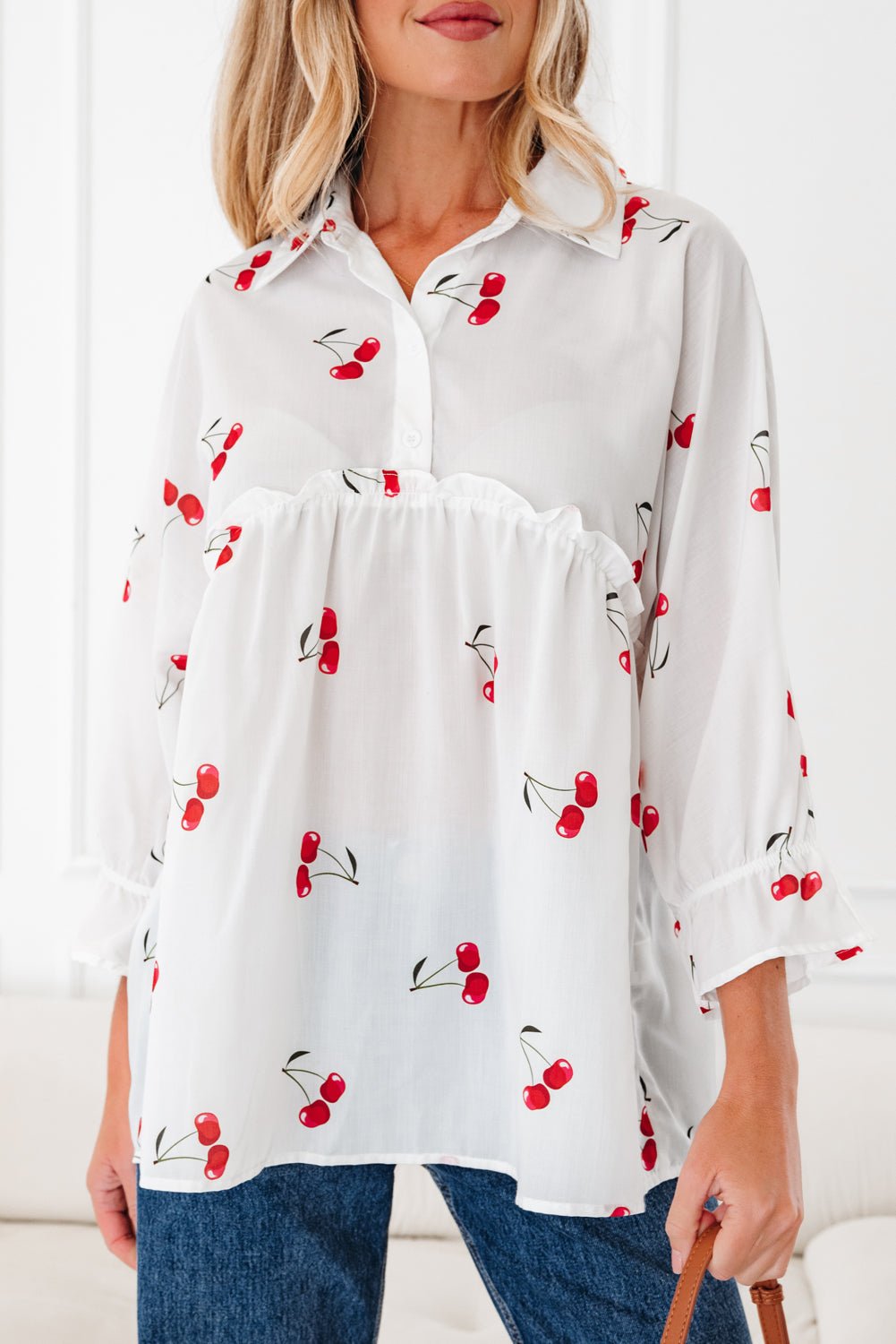 White Cherry Print Flounce Sleeve Collared Frilled Babydoll Blouse - MAD RUFFI