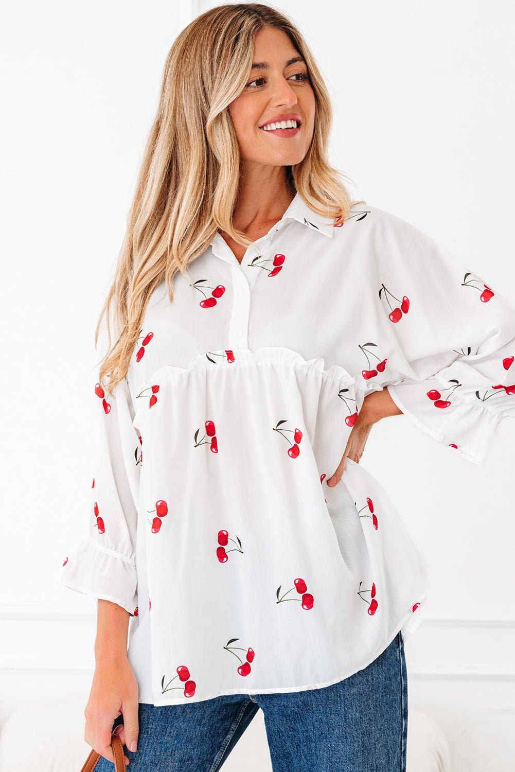 White Cherry Print Flounce Sleeve Collared Frilled Babydoll Blouse - MAD RUFFI
