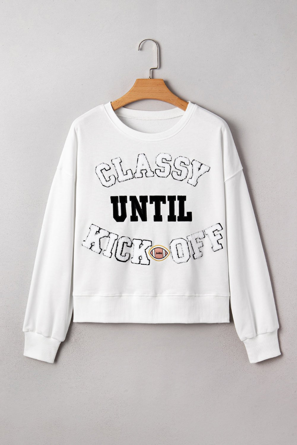 White CLASSY UNTIL KICKOFF Letter Graphic Loose Sweatshirt - MAD RUFFI