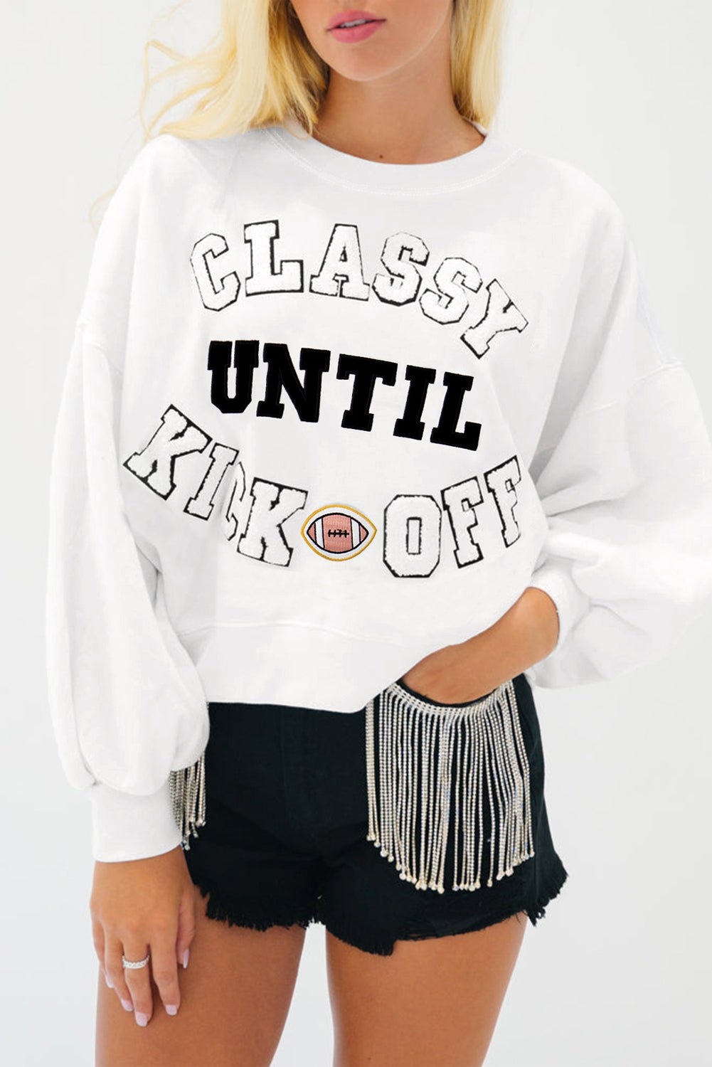 White CLASSY UNTIL KICKOFF Letter Graphic Loose Sweatshirt - MAD RUFFI