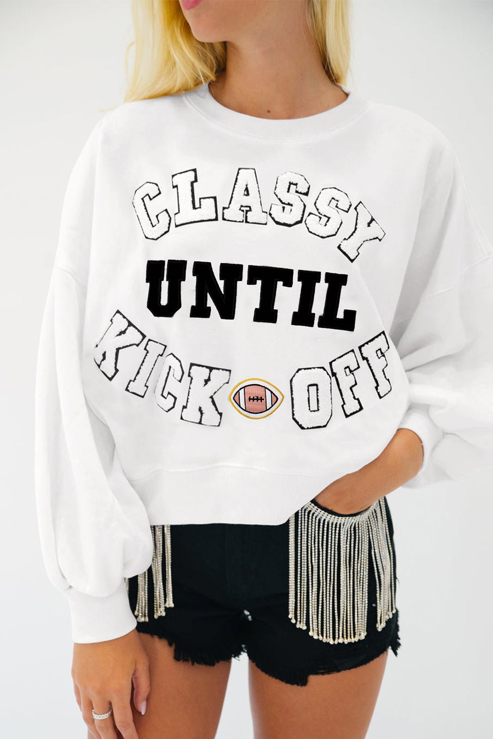White CLASSY UNTIL KICKOFF Letter Graphic Loose Sweatshirt - MAD RUFFI
