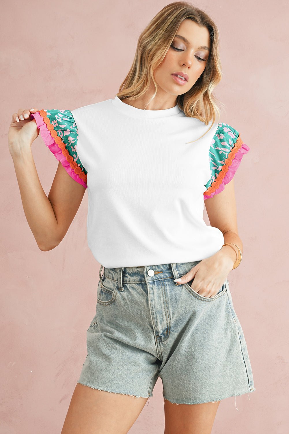 White Color Block Floral Print Ruffle Sleeve Blouse - MAD RUFFI