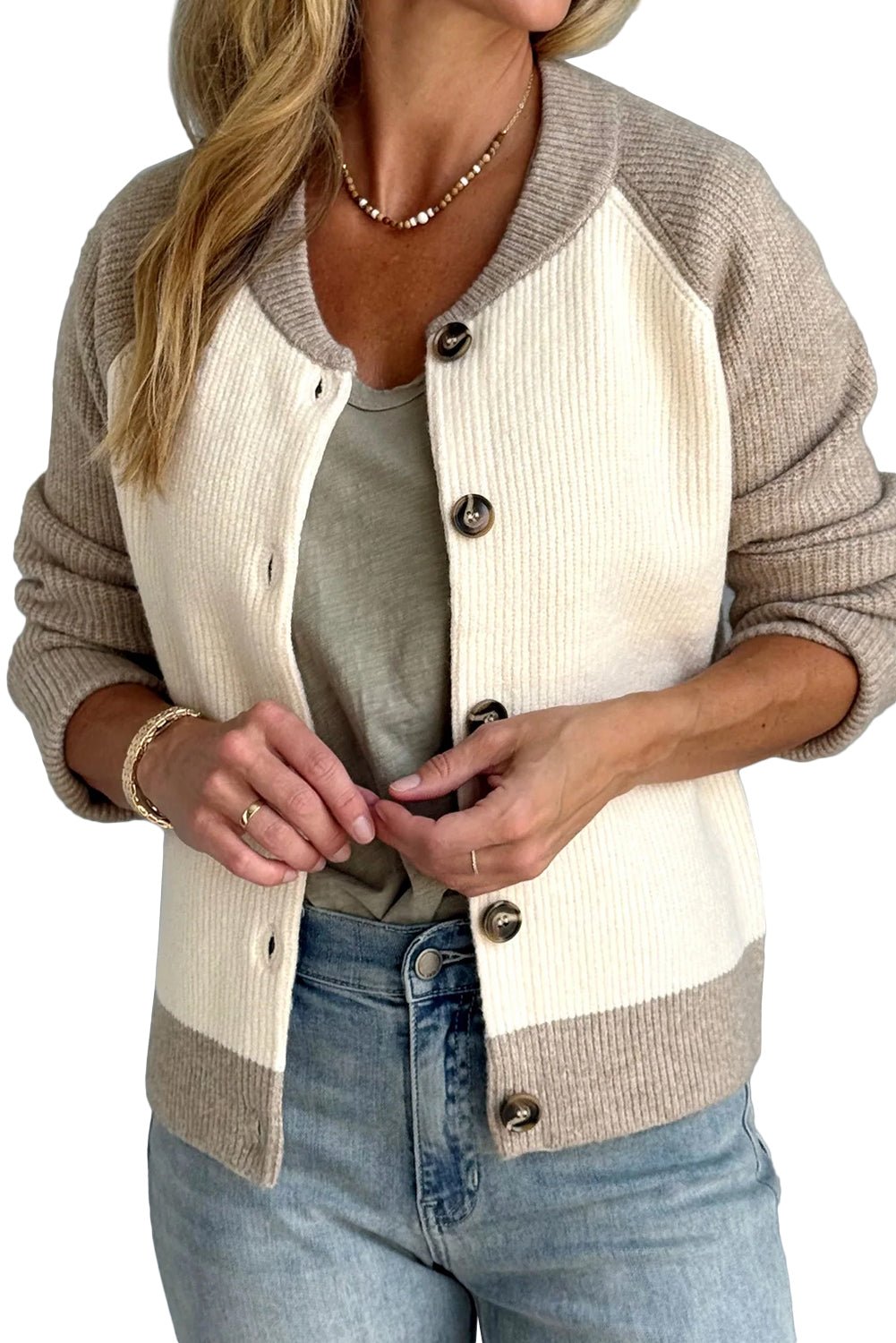 White Colorblock Button Front Casual Cardigan - MAD RUFFI