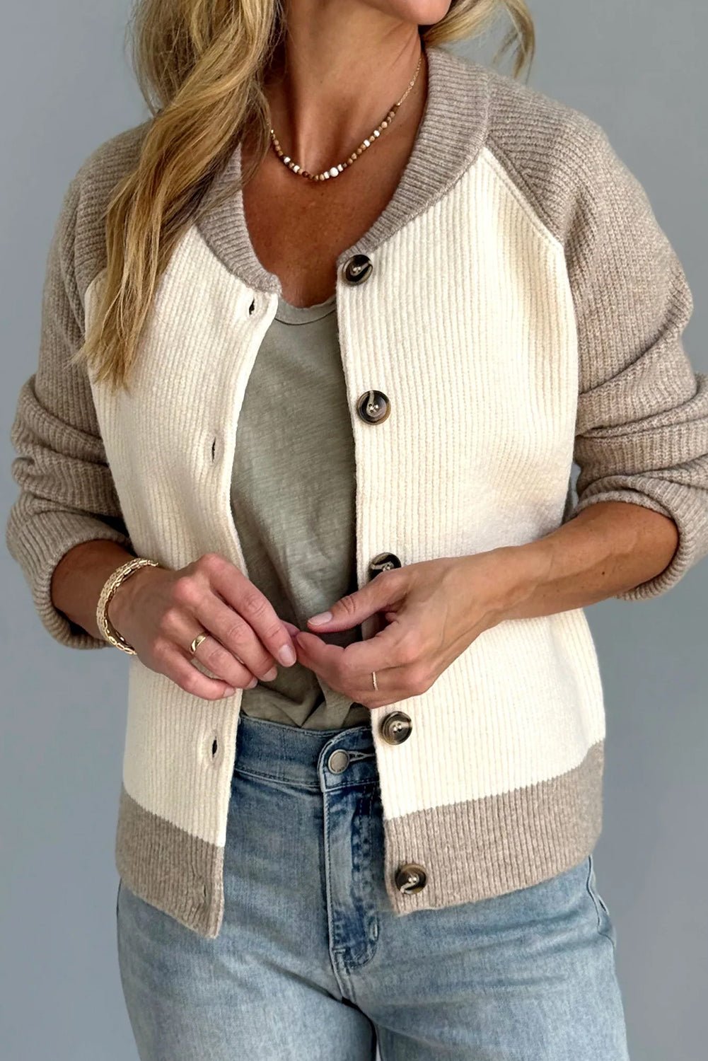 White Colorblock Button Front Casual Cardigan - MAD RUFFI