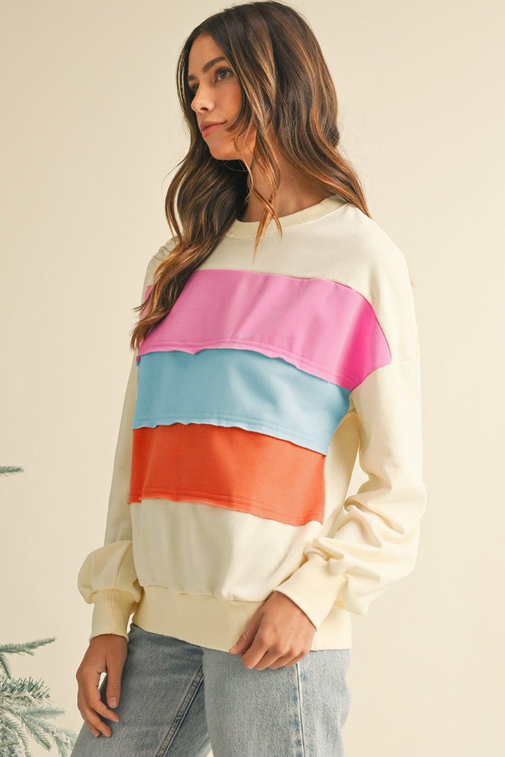 White Colorblock Patchwork Drop Sleeve Sweatshirt - MAD RUFFI