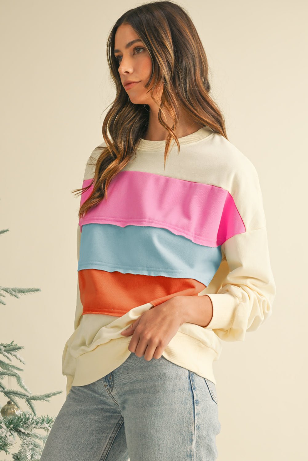 White Colorblock Patchwork Drop Sleeve Sweatshirt - MAD RUFFI