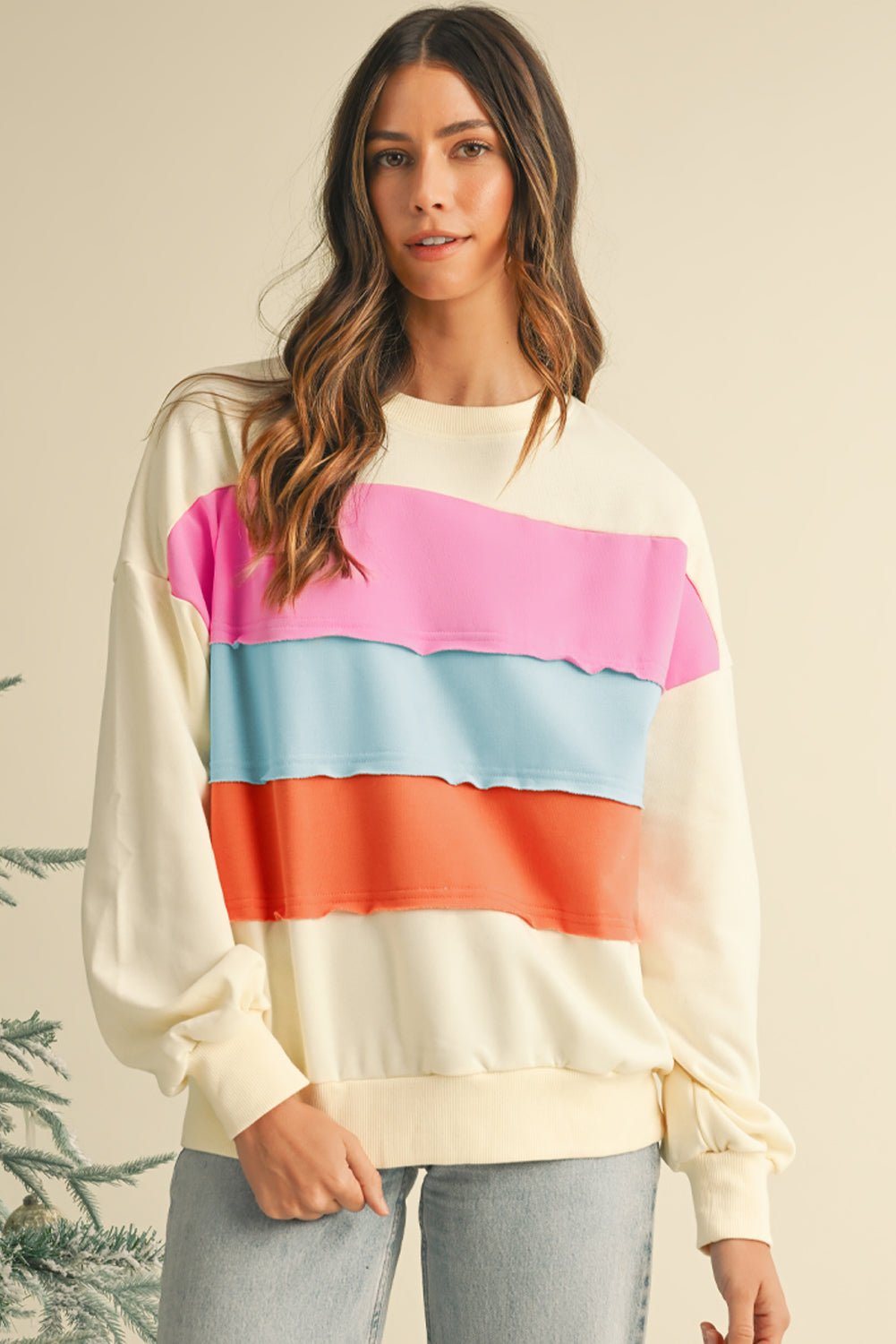 White Colorblock Patchwork Drop Sleeve Sweatshirt - MAD RUFFI