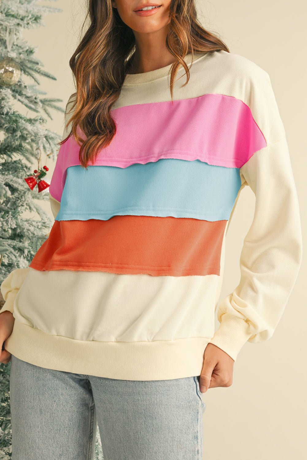 White Colorblock Patchwork Drop Sleeve Sweatshirt - MAD RUFFI