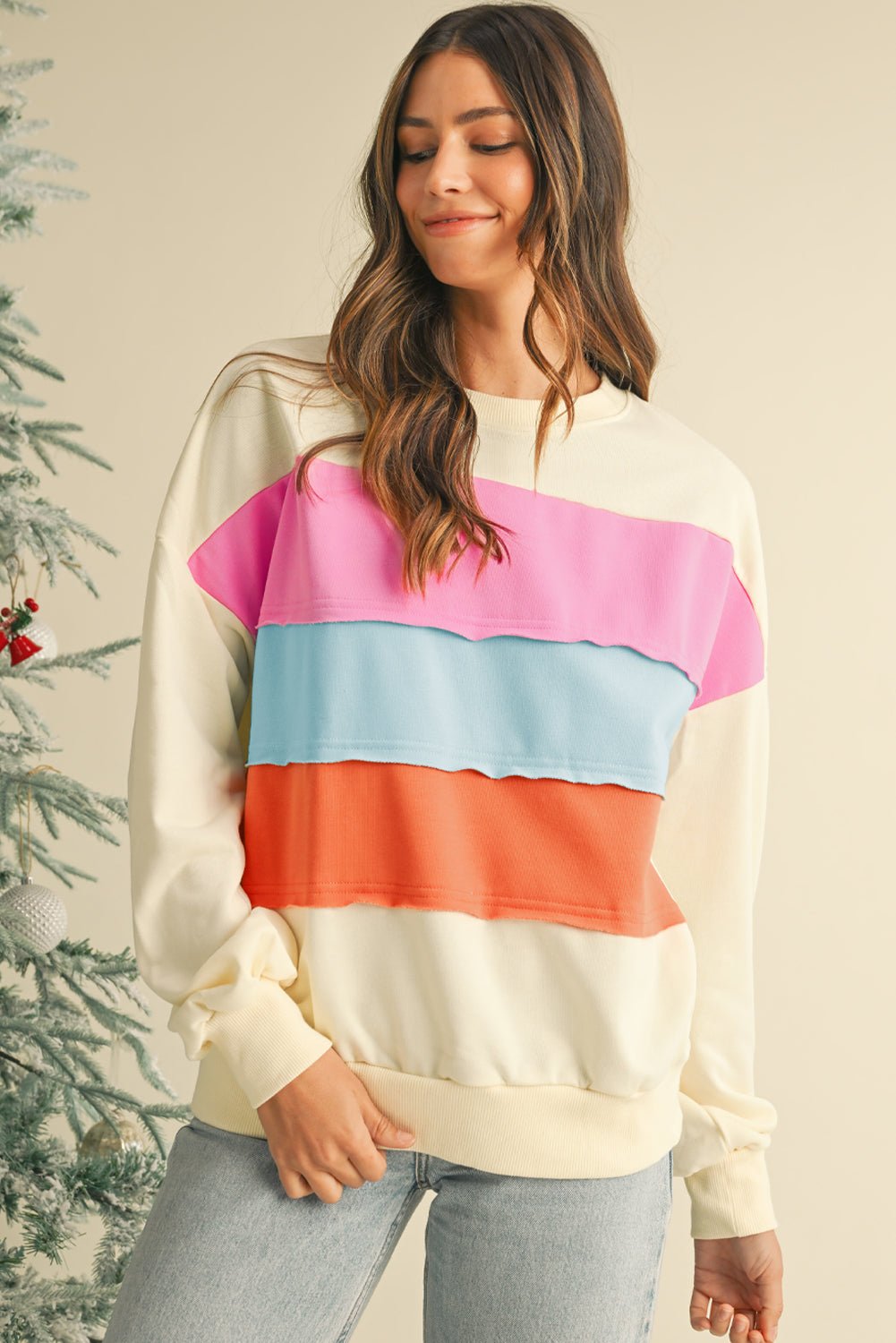 White Colorblock Patchwork Drop Sleeve Sweatshirt - MAD RUFFI