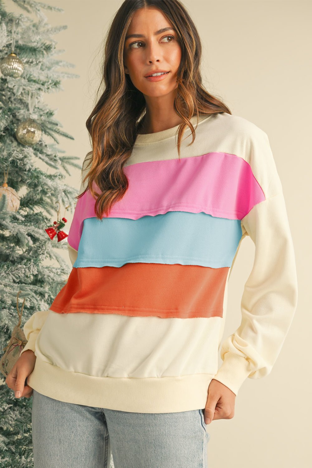 White Colorblock Patchwork Drop Sleeve Sweatshirt - MAD RUFFI