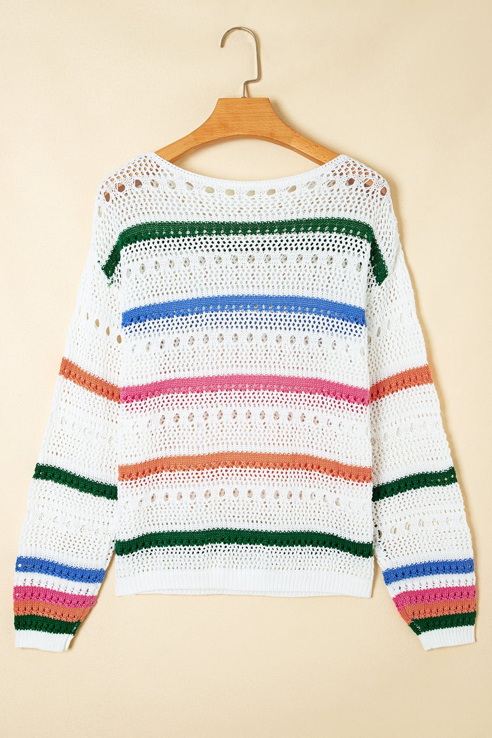 White Colorblock Striped Pointelle Knit Sweater - MAD RUFFI