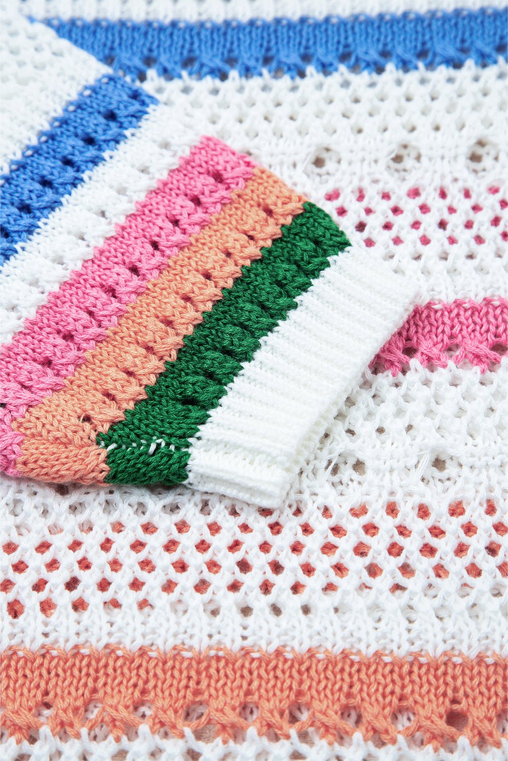 White Colorblock Striped Pointelle Knit Sweater - MAD RUFFI