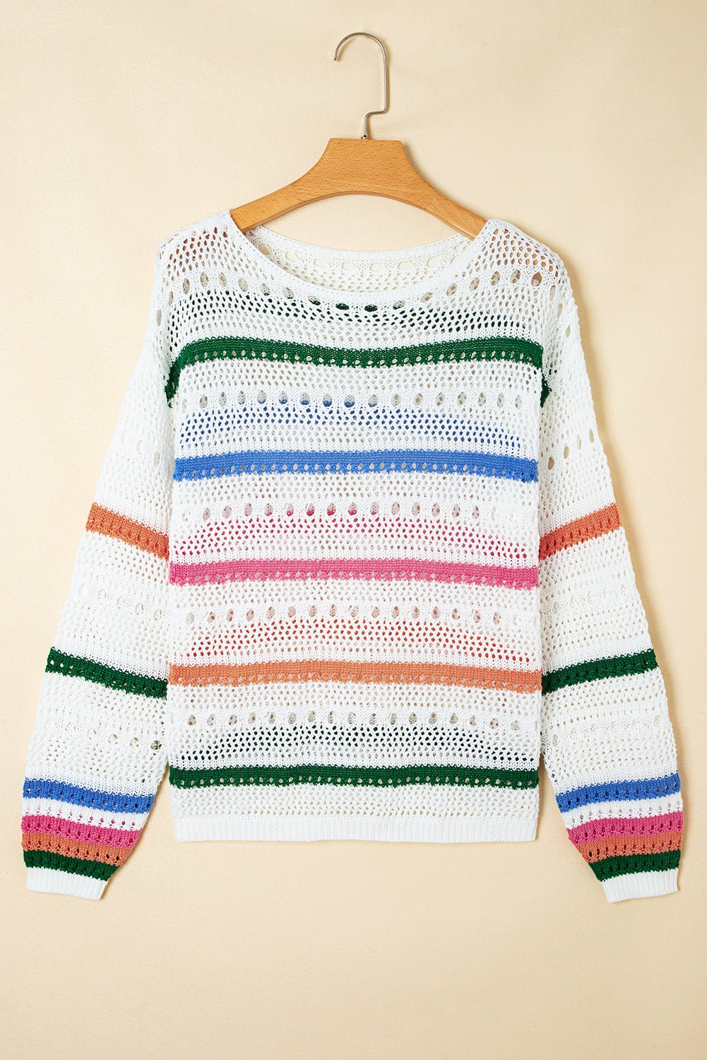 White Colorblock Striped Pointelle Knit Sweater - MAD RUFFI